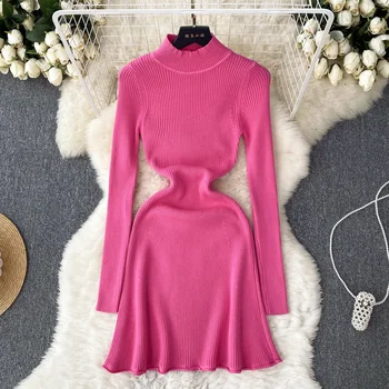 Women's Autumn/winter Semi-high-neck Tight Dress Solid Color Knit Dress ...