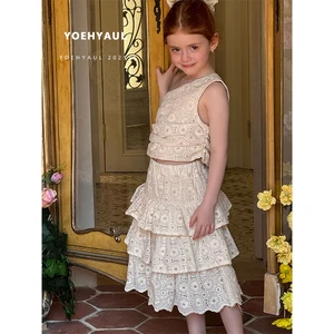 YOEHYAUL 25070 100% Cotton Girl Slant Shoulder Dress Half Skirt Set Hollow Embroidered Children's Clothing Girl Cake Skirt
