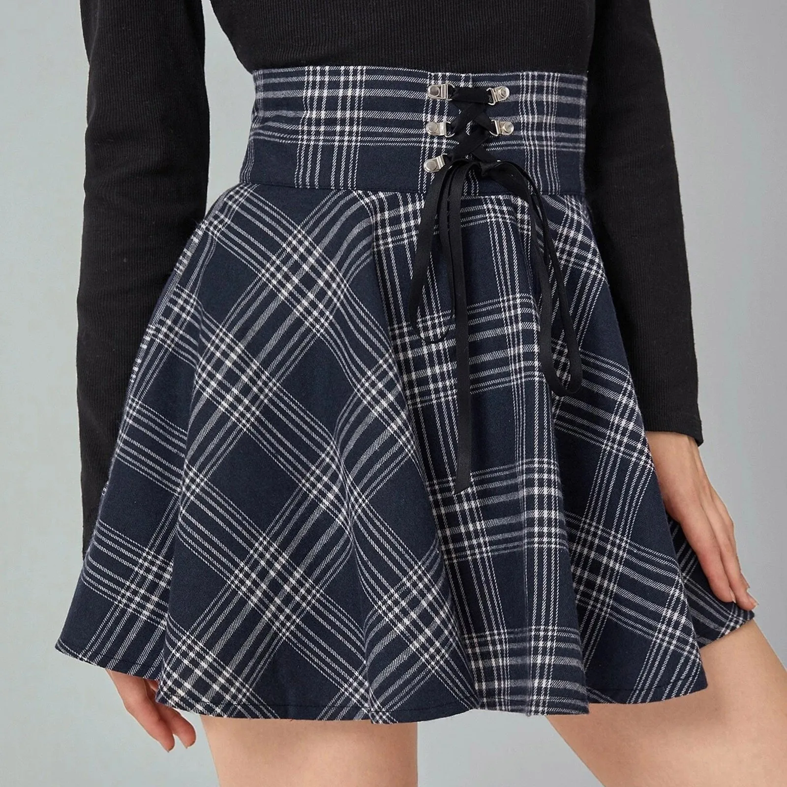 Vintage Women Scotland Plaid Bandage High Waist Large Swing Cotton Tartan Skirt Women Skirt Sexy plaid Pleated Skirts Fashion Alibaba