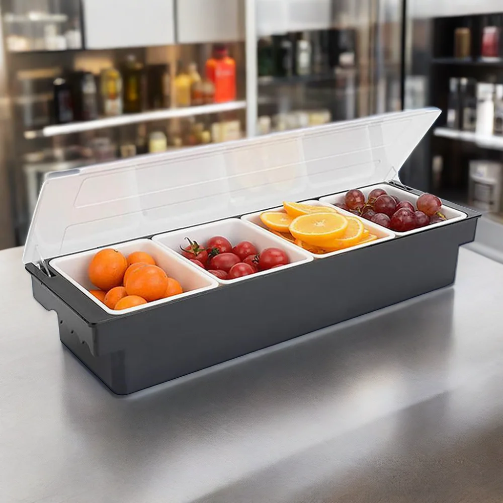 3/4/5/6 Compartments Transparent PC Ice Cooled Bar Snack Fruit Caddy Condiment Container Box Chilled Garnish Tray With Lid