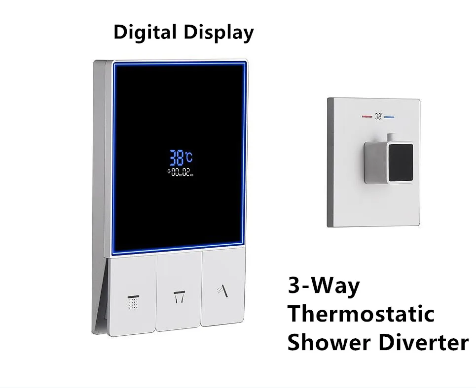 Smart Temperature Display 3 Function Thermostatic White Shower System Set Large Bathroom Waterfall Rain Shower Head