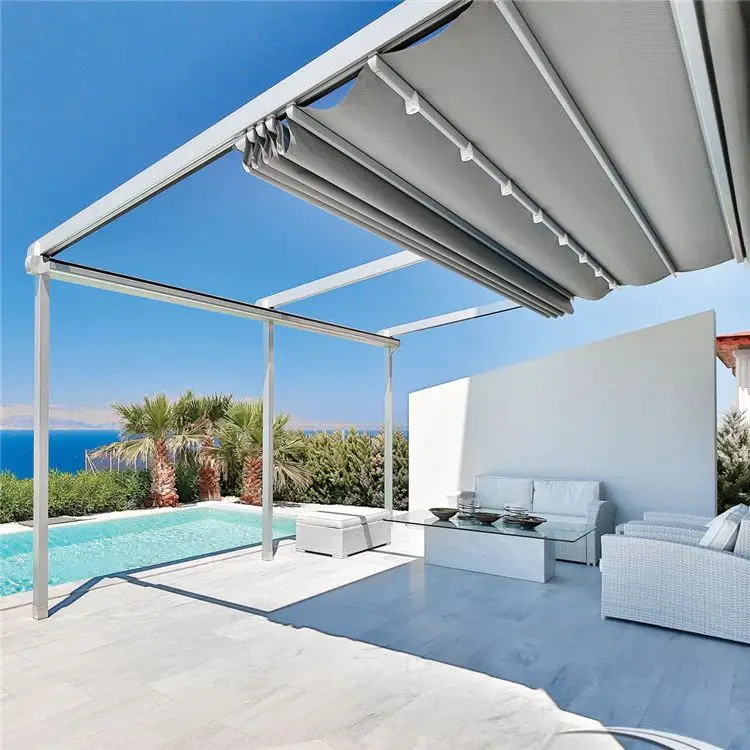 Retractable Roof Outdoor Waterproof PVC Pergola Aluminum Motorized Electric Folding Roof Patio Sun Shade Awning Automatic Canopy