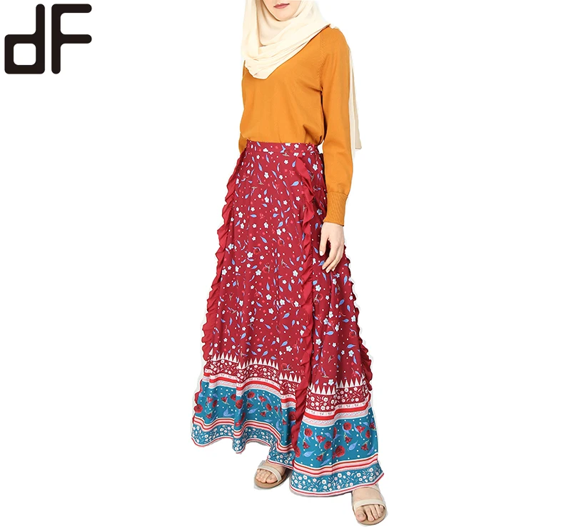 Day Look OEM Factory Customized Islamic Long Skirts for Women Maroon Floral Print Ruffle a Line Skirt Muslim Ladies Skirts