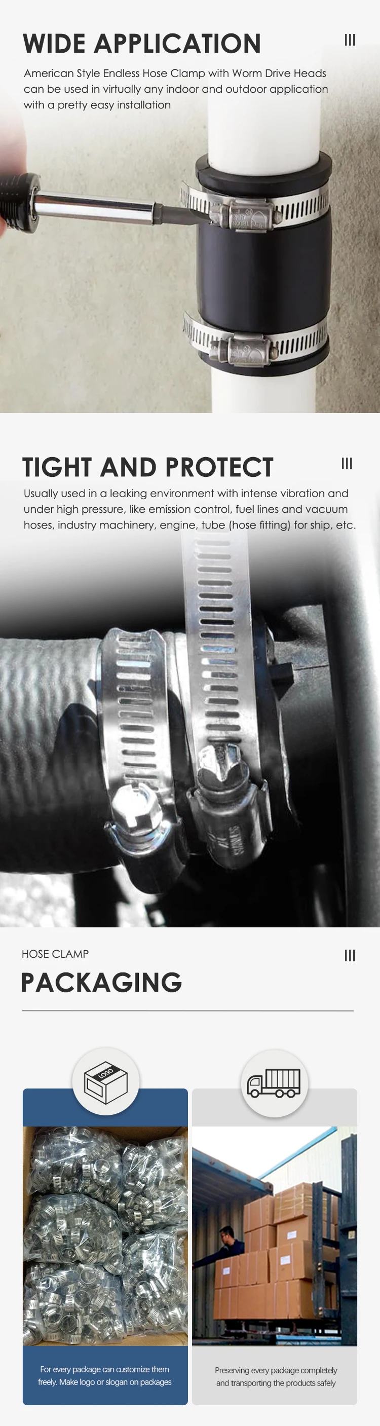 Heavy Duty Extra Large Worm Drive Gear American Type Pipe Hose Clamp