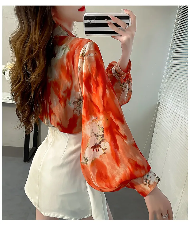 Mousseline Haut En Soie Femme Nouveau Orange Floral Imprimé En