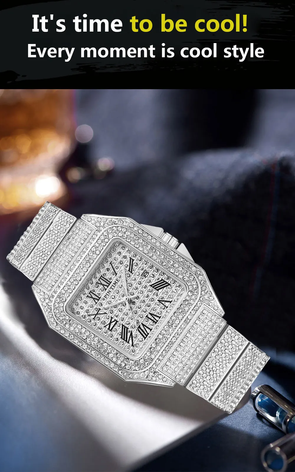 Luxury Rhinestone Unique Quartz Watch Mens Classic Golden Square Case Full Diamond Creative Fashion Waterproof Watch AAA Clock