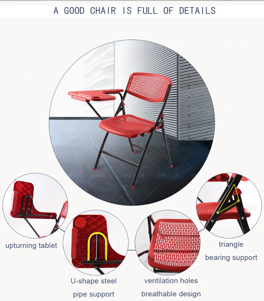 Breathable Foldable Training Chair With Tablet Ergonomic Folding Student Chair With Footrest Writing Pad For Meeting Conference