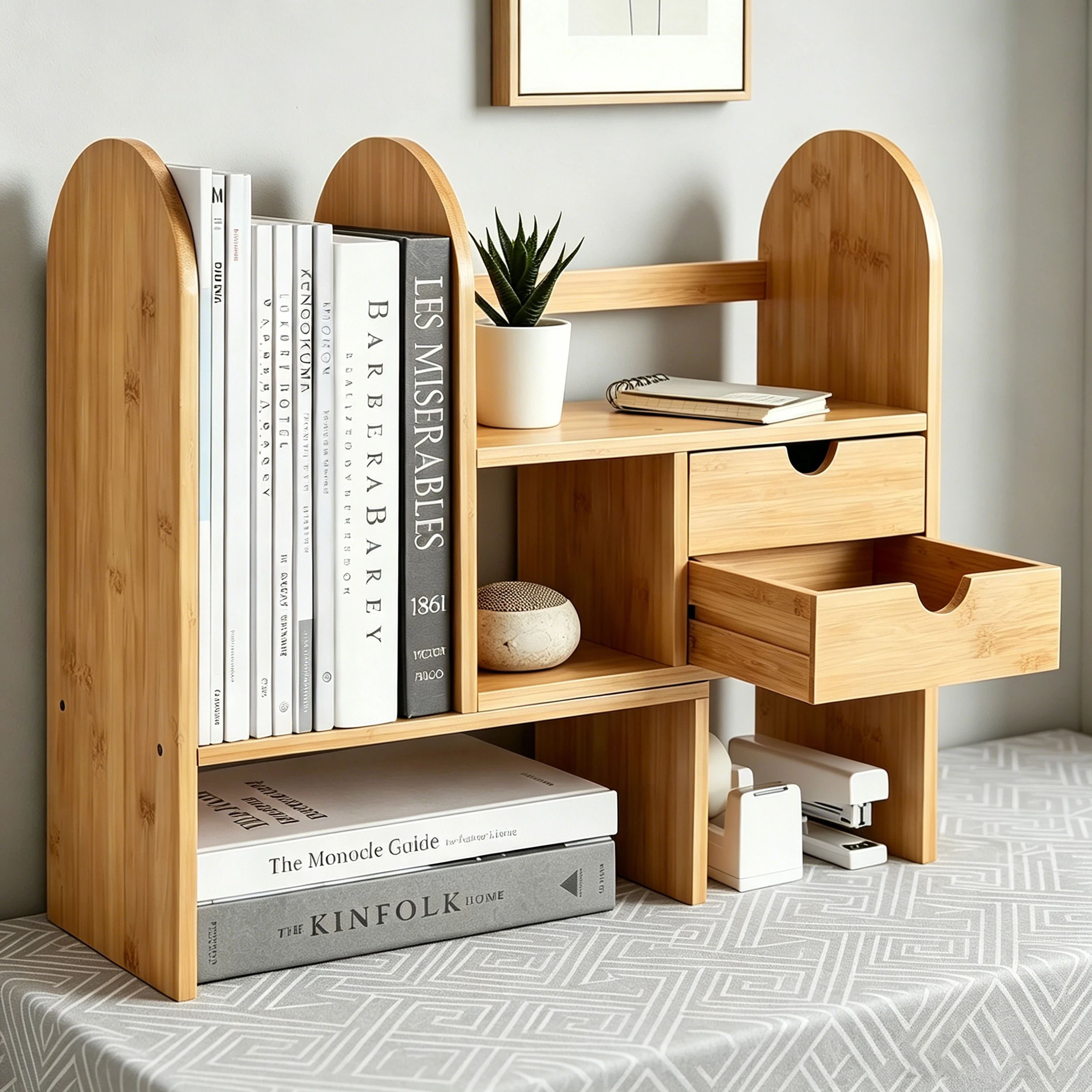 Bamboo Desktop Bookshelf Adjustable Desk Organizer With Drawers Multi-Functional Desktop Storage Shelf Office Desk Organizer