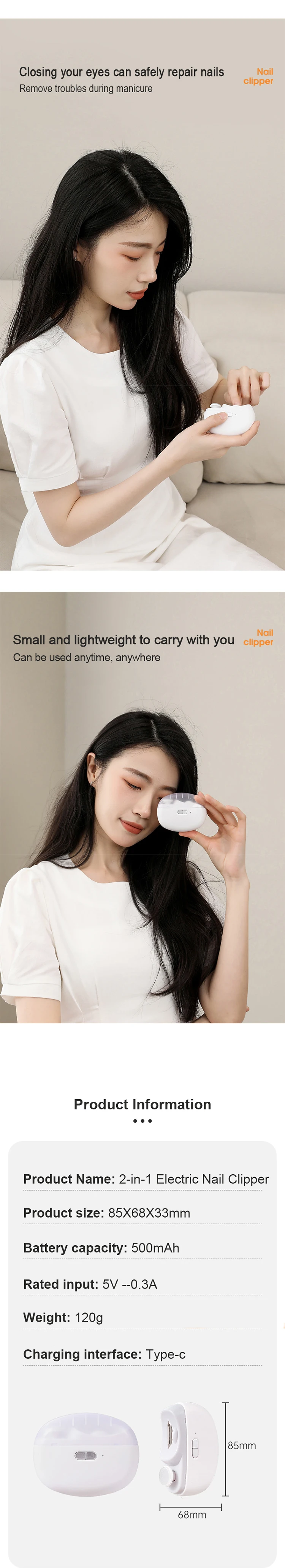 2 In 1 Usb Rechargeable Nail Trimmer Polisher Automatic Electric Nail