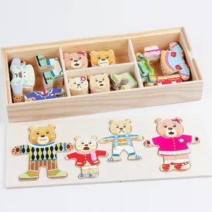 Unisex Four Little Bears Wooden Dress-Up Puzzle Board Handheld Dressing Matching Educational Learning Toys for Kids Boys & Girls