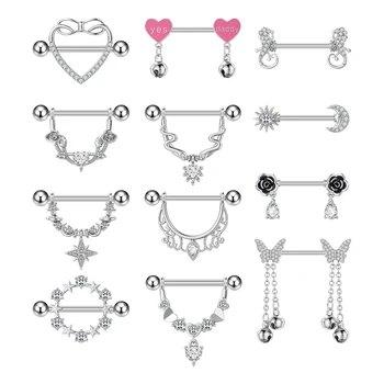 5Pair/Set 316L Steel Diamond Nipple Ring Piercing Jewelry Indian Nipple Rings Newly Design Butterfly Heart Bell Chest Ornaments