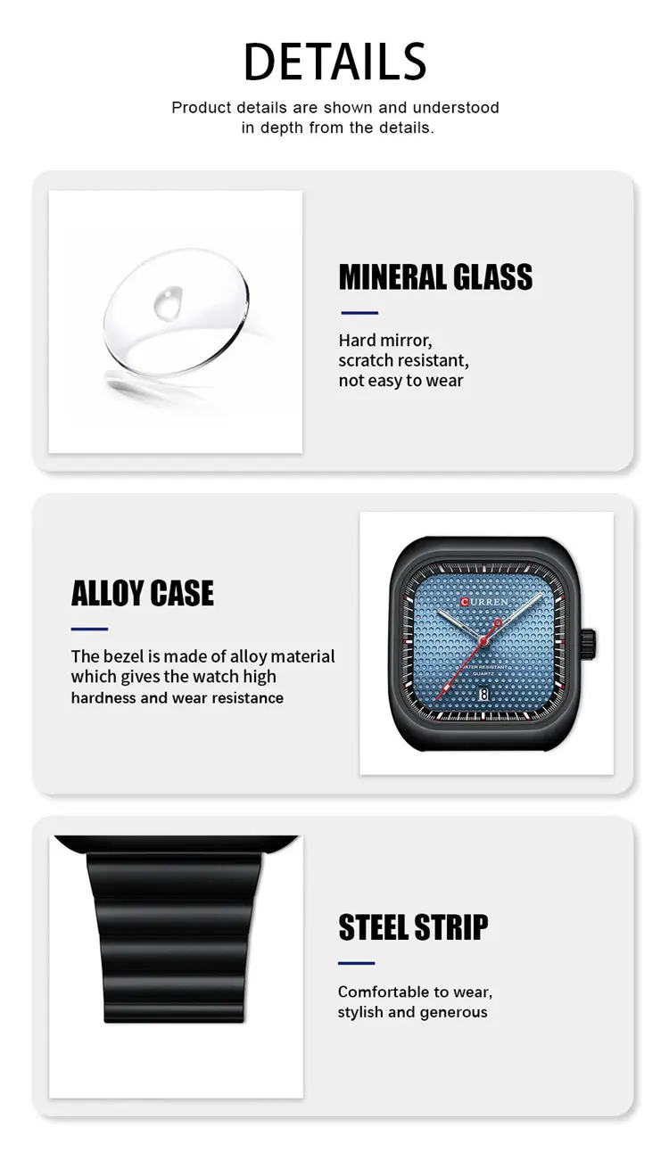 Curren 8460, оптовая продажа, производство, мужские часы, недорогие часы из нержавеющей стали с квадратным дисплеем даты, низкие часы moq, повседневные ручные часы