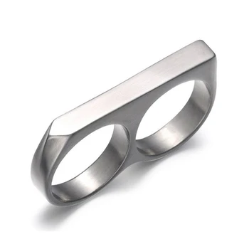Hip Hop Personalized Smooth Surface Jewelry Stainless Steel Punk Style Double Two Finger Rings For Men