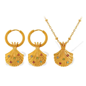 Designer 18K Gold Plated Women's Fashion Jewelry Set Scallop Pendant Earrings and Necklace with Rhinestone Inlay for Gift