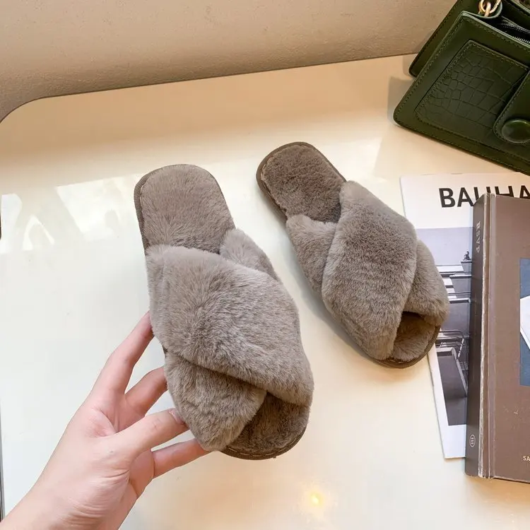 Woolly cotton slippers autumn and winter new women's flat open toe home cross plush slippers