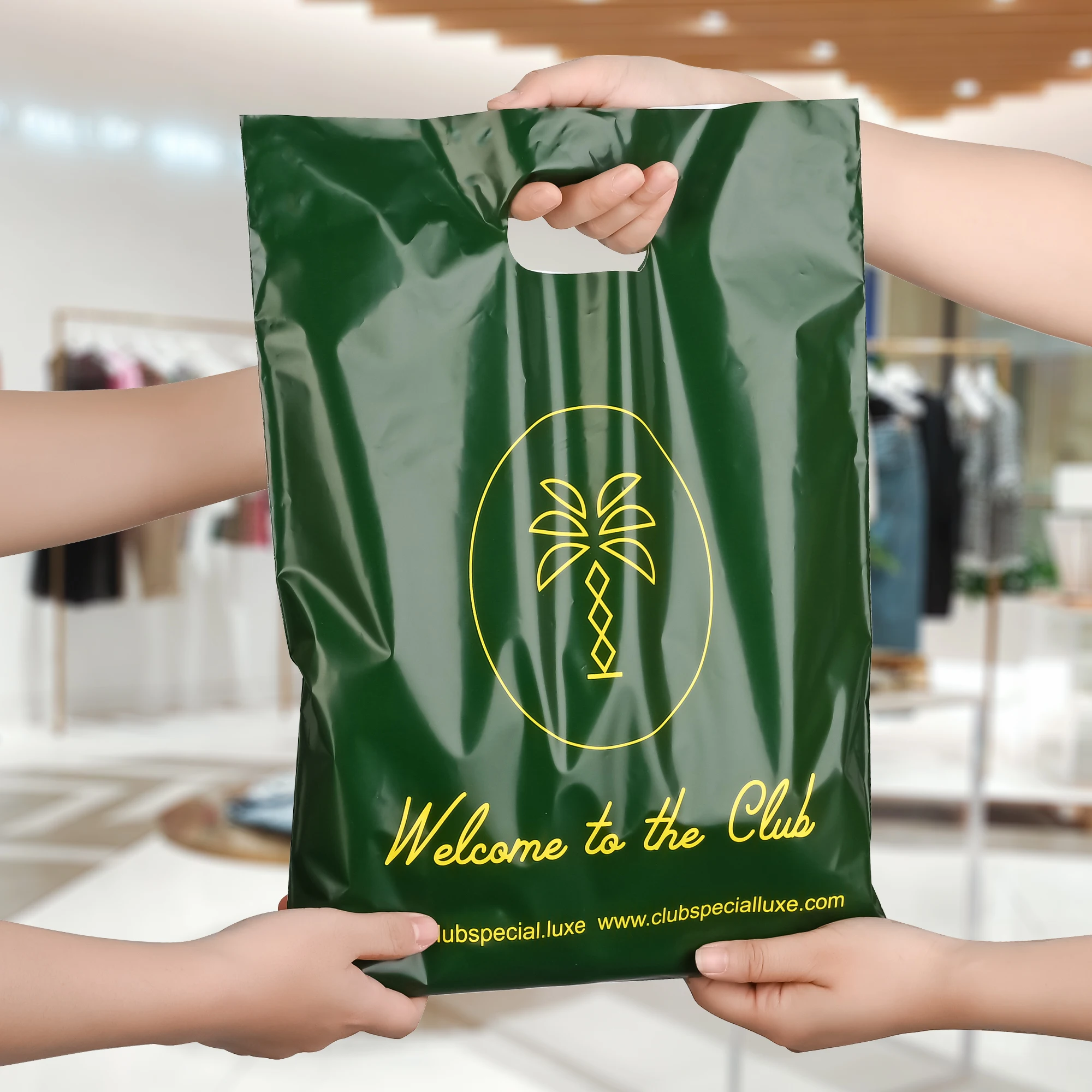 OEM Custom Design Logo Printed Shopping Packaging Rose Red Plastic Bags Plastic Die Cut Bag For Clothes Cosmetic