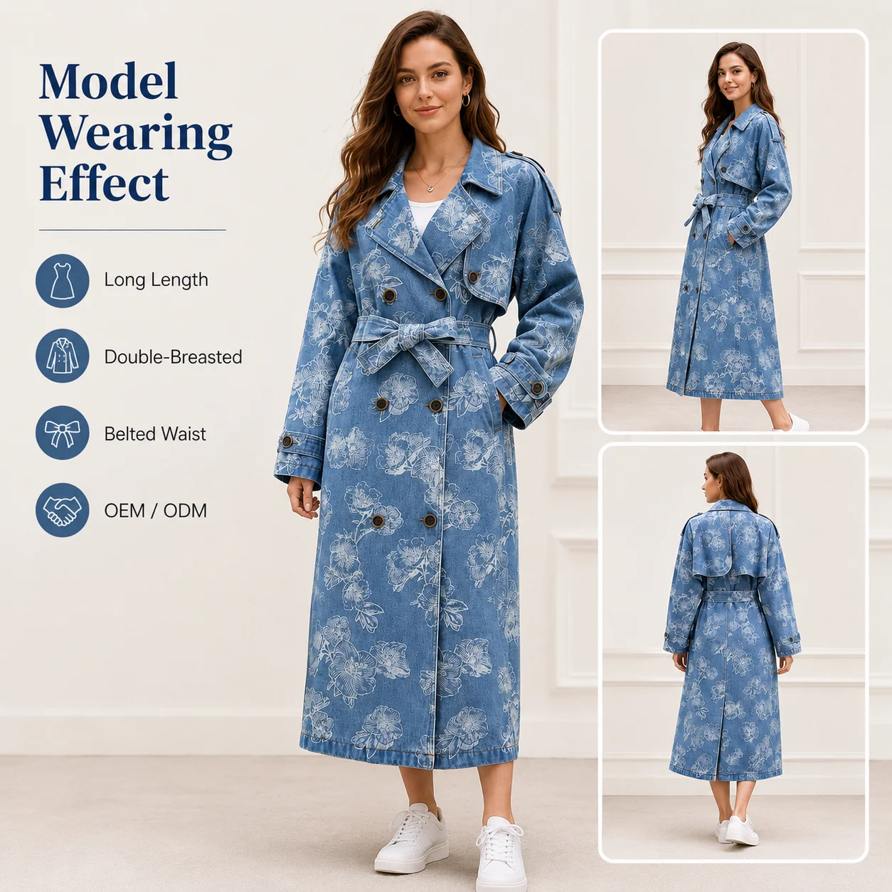 Floral print Denim Femme X-Long Customized Jackets for Women With Belt Blue Cotton Heavy Denim Female