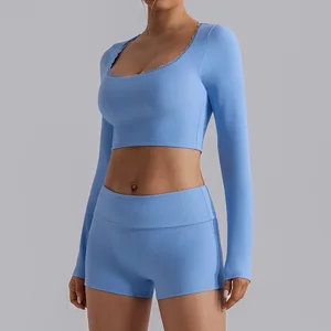 Ribbed Slim Fit Breathable Quick Dry Long Sleeve Crop Training Running Top Elastic Tight Yoga Shirt Women Fitness Workout set