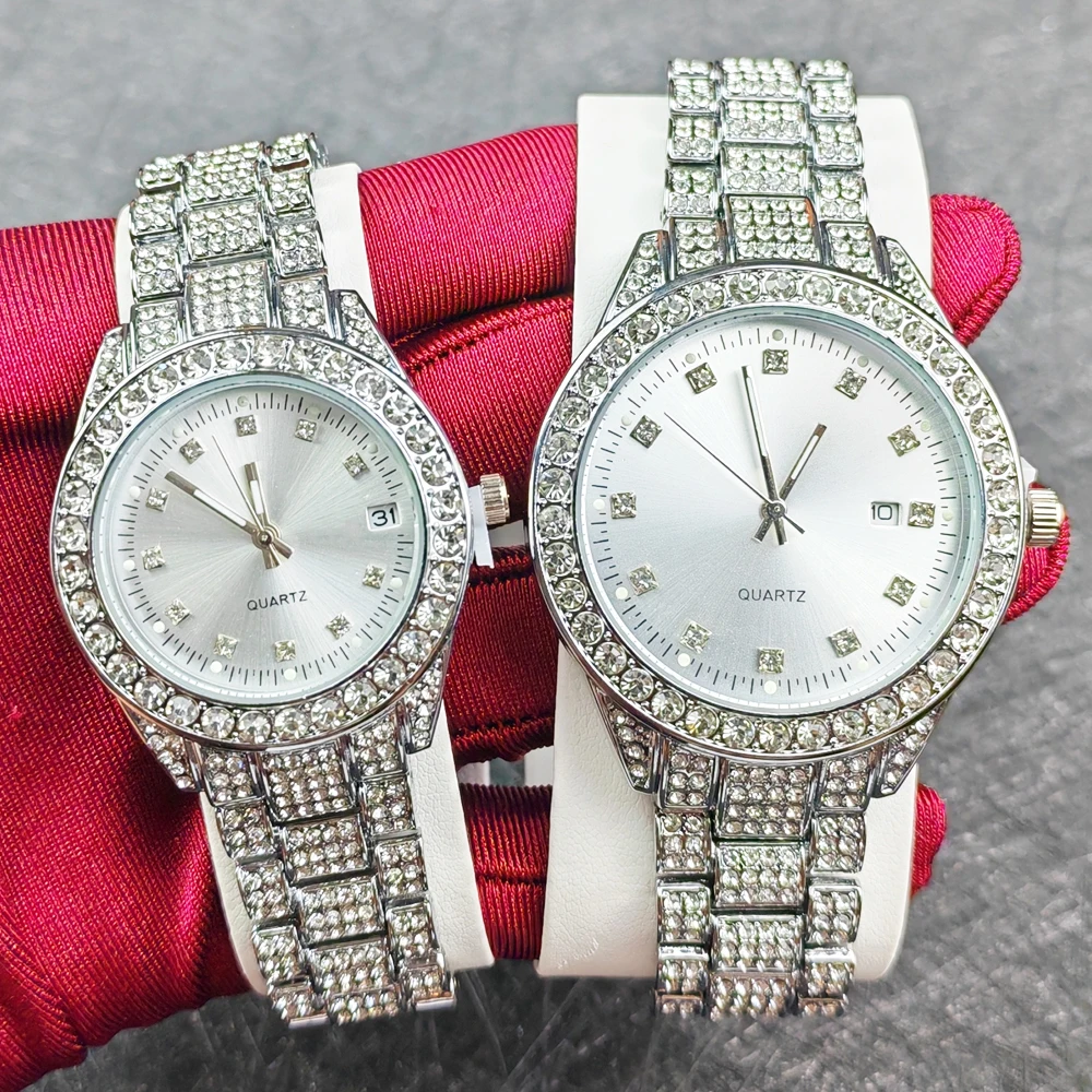 Luxury Couple Watch Set with Diamond, Box, and Necklace