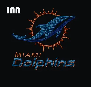 Hot-fix iron on bling patch miami dolphins rhinestone transfer