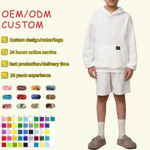 Wholesale Custom Logo Autumn Kids Plus Size Casual Solid Color Jacquard Sweater Knit Hooded and Shorts Young Boys Clothing Sets