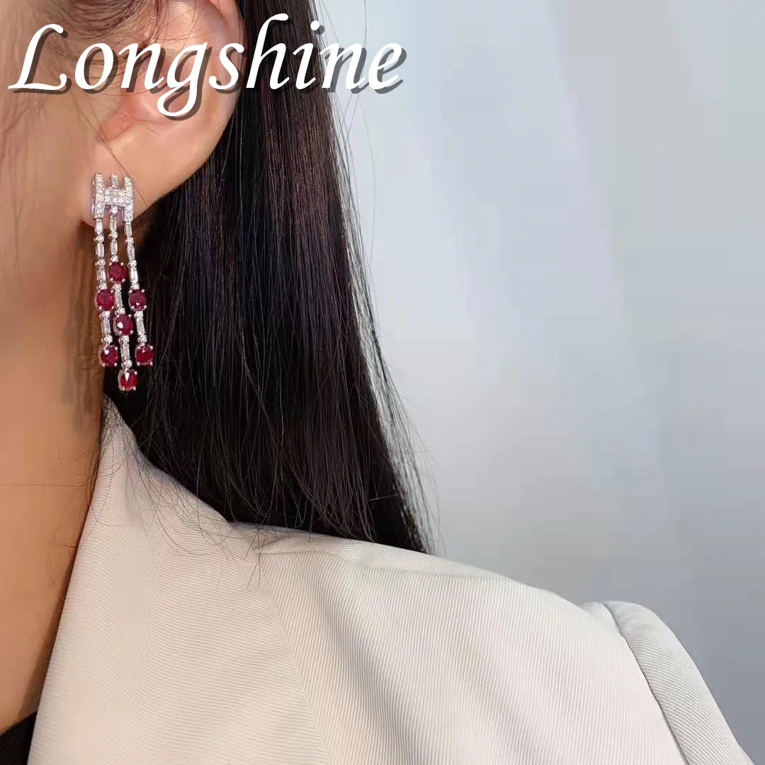 Luxurious Wedding Gemstone Jewelry Natural Ruby and Diamond Tassel Shape Earring 18K Gold Dangle Earrings for Women
