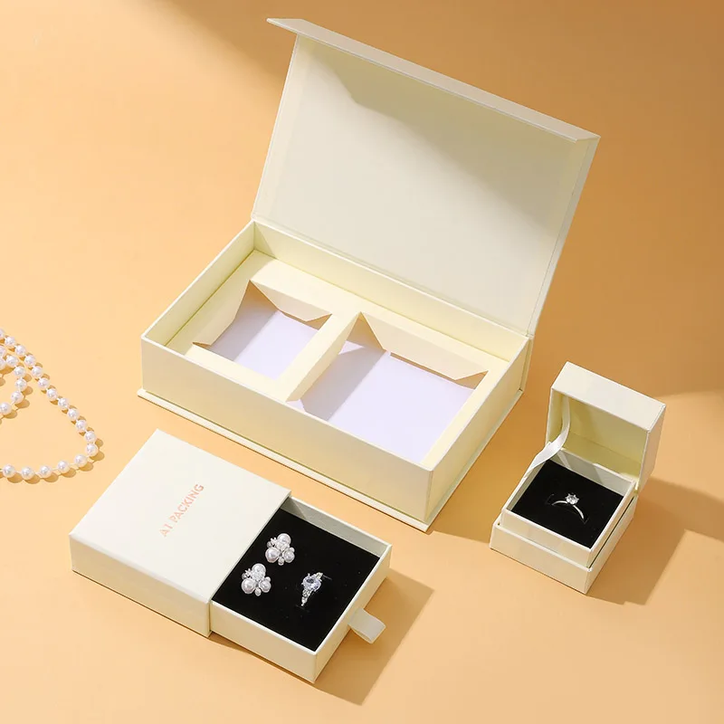 Premium Square Magnetic Snap Closure Cardboard Jewelry Box Drawer Box Set Custom Jewelry Earrings Necklace Storage Book Shaped details
