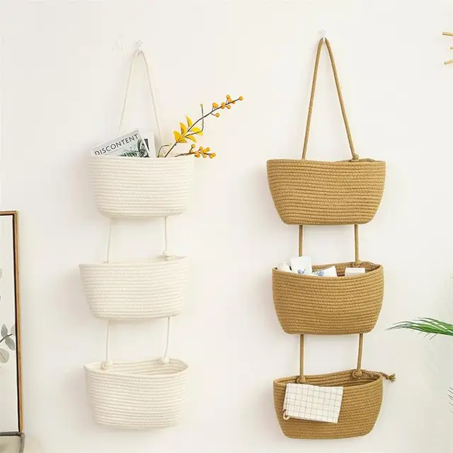 Ytweaving 3-layer wall-mounted Jute storage rack magazine rack kitchen hanging basket decorative hanging storage jute basket