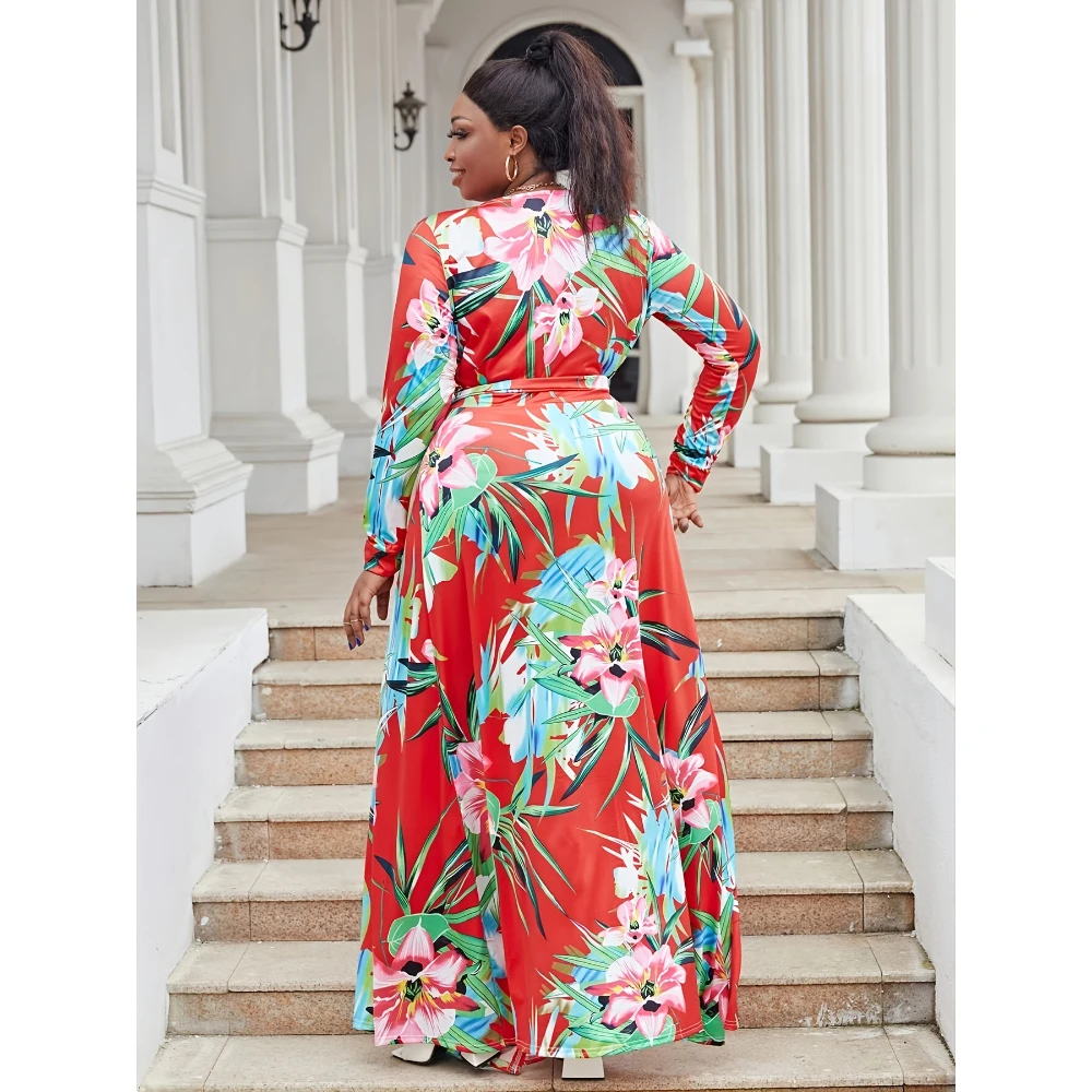パーティードレス Printed V-neck Silk Dress Elegant Plus Size Maxi Dress with Deep V Neck & Floral Print