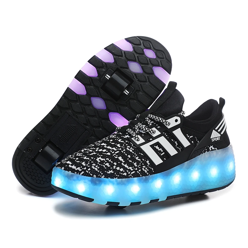Wholesale Kids Sneakers Children Baby Girls Boys Letter mesh Led Luminous Sports Remote control light roller shoes B904