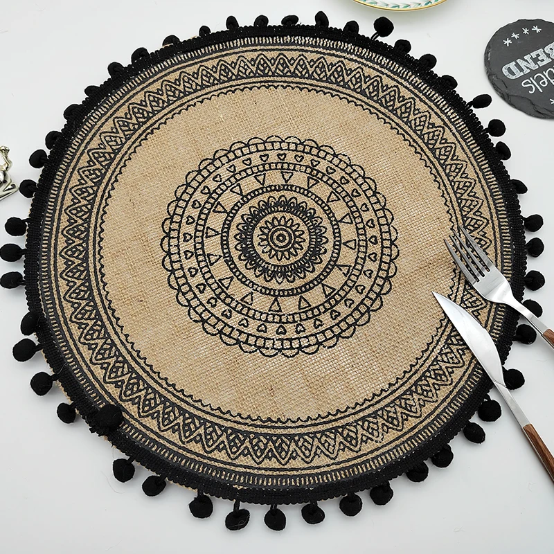 European Style Kitchen Room Pads Mats Natural Jute Placemat With Cotton Ball Placemat Boho Buy