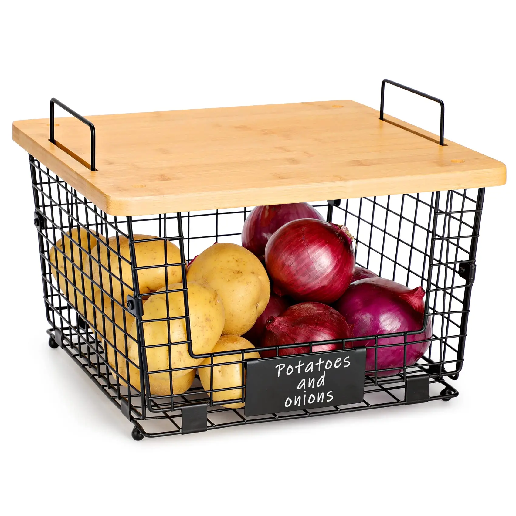 Kitchen Countertop Organizer Foldable Wire Fruit Basket Stackable Folding Storage Baskets With Wood Lid
