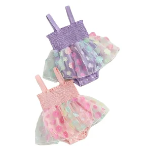 0-12M Infant Clothing 2023 Sleeveless Strap Flower Print Mesh Lace Patchwork Tutu Toddler Jumpsuits 2 Colors Baby Girls Romper