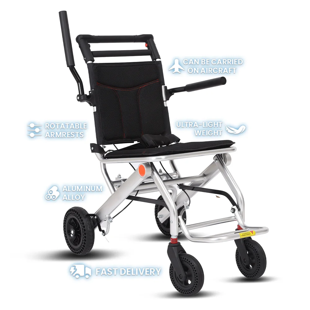 Hot sale aluminum lightweight foldable 4 wheel travel wheelchair lightweight foldable lightweight cheap wheelchair