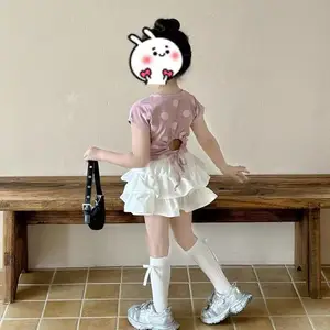 2026 New Arrival Girls Outfits Sets Short Sleeve Polka Dot Backless T Shirt White Cake Skirt 2 Piece Summer Clothing for Kids