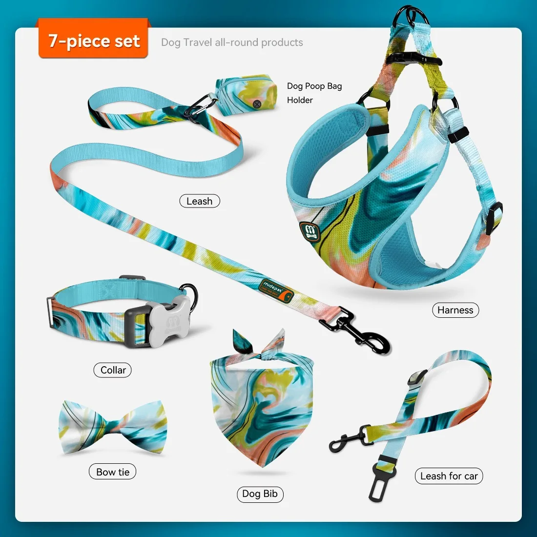 IVYPET OEM Luxury 6-Pieces Pet Dog Harness Set Soft Dog Cat Harness Leash Collar with Poop Bag Holder Bandana Bowknot factory