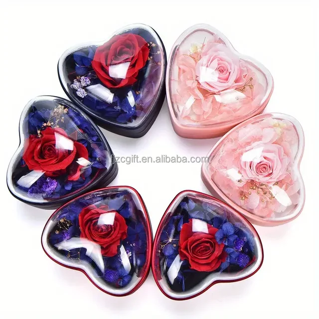 Hot Sale Preserved Flower In Acrylic Gift Boxes Eternal Heart Forever Rose In Heart Box With Ring For Valentine's Mothers Day