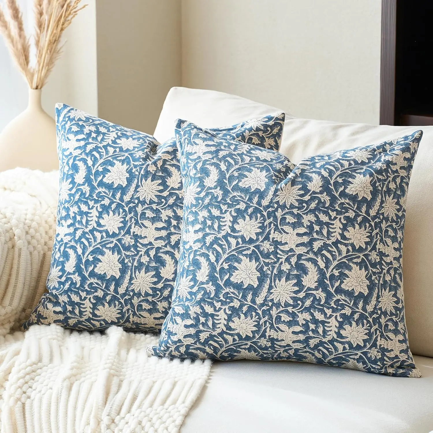 Sarung Bantal Bergaya Vintage dengan Motif Bunga, Dirajut Secara Manual, 600TC, 100% Katun — Set Sarung Bantal Sofa Bernuansa Pedesaan Rustik, 2 Buah, Biru Vintage
