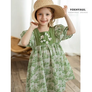 YOEHYAUL X4357 Ready Made Kids Dress Woven Sweet Elegant Floral Embroidery Green 100% Cotton Dresses for Little Girls Kids