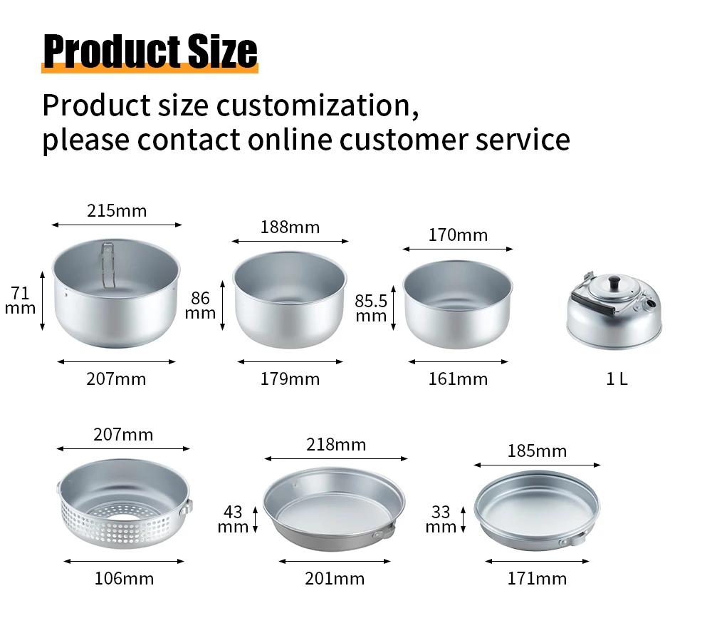 Customized Outdoor 10Pcs Aluminum Camping Cooking Pot Tableware Hiking Kitchen Pot Camping Cookware Set factory