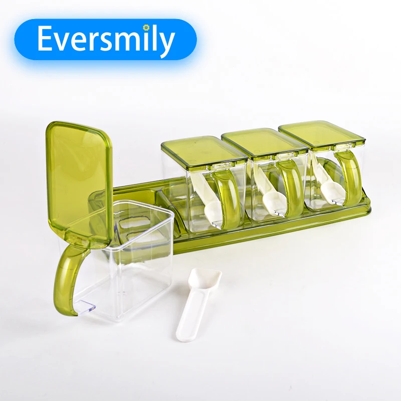 2023 кухонные принадлежности 4 в 1 прозрачная пластиковая квадратная коробка для приправ с ложкой банки