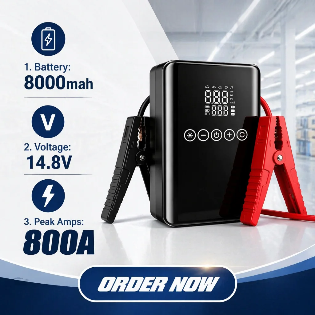 Dispositif portable, compact et rechargeable de démarrage d’urgence pour voiture ou camion, avec chargeur-boosteur de batterie et kit de dépannage