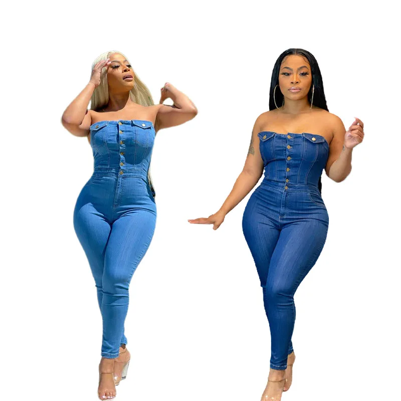 plus size strapless denim jumpsuit