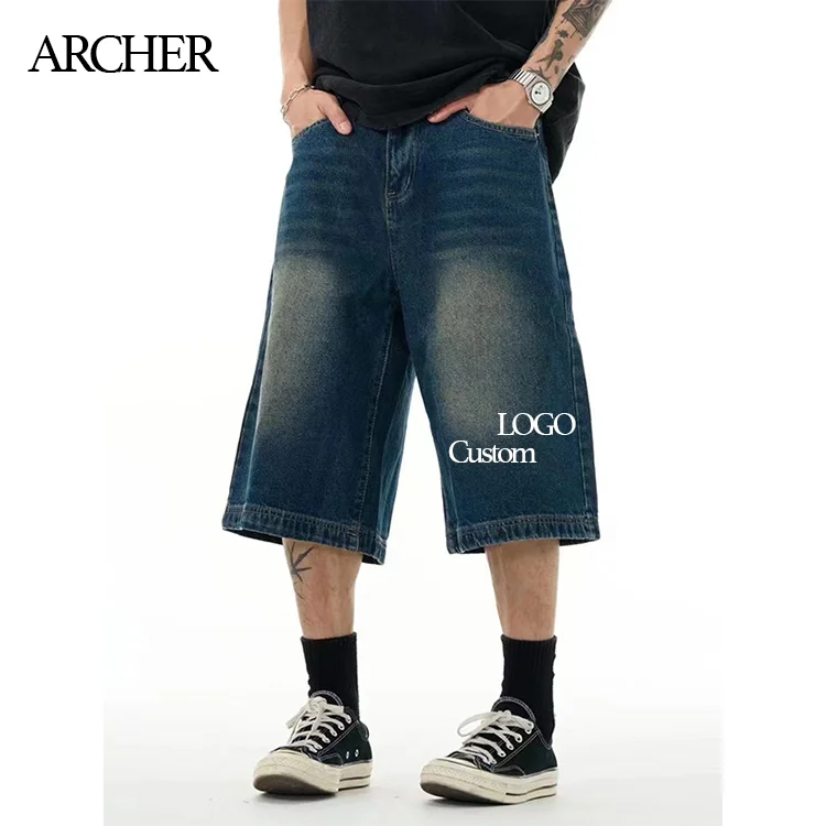Celana pendek denim untuk pria, pakaian jalanan trendi baru celana pendek  denim dicuci biru gaya sederhana pria lurus longgar jalan celana jeans