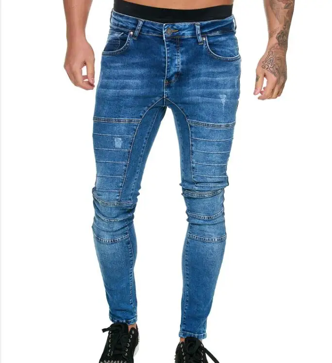 Men Stacked Denim Pants Casual Blue Black Slim Fit Mens Jeans Skinny Stretch Men's Jeans locomotive Denim Pant