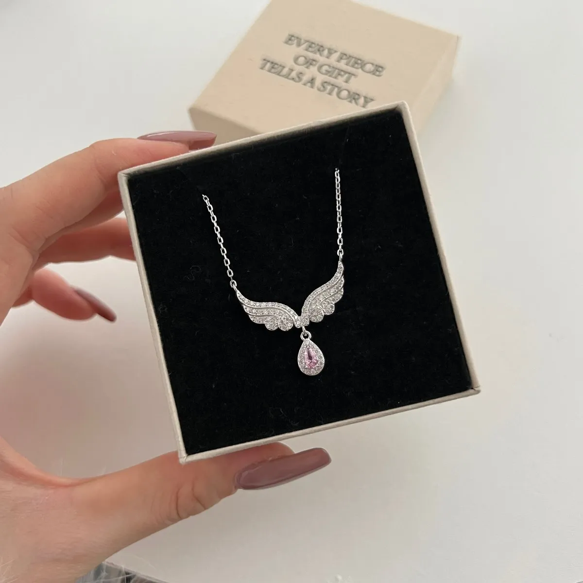 KAKODIY exquisite shiny silver angel wings pink pear-shaped Cubic Zirconia teardrop pendant for women necklace for women detail 1