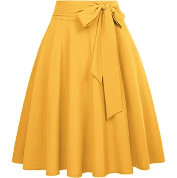 Black High Waist Self-Tie Bow-Knot Embellished Flared A-Line pleated womens ladies skirts