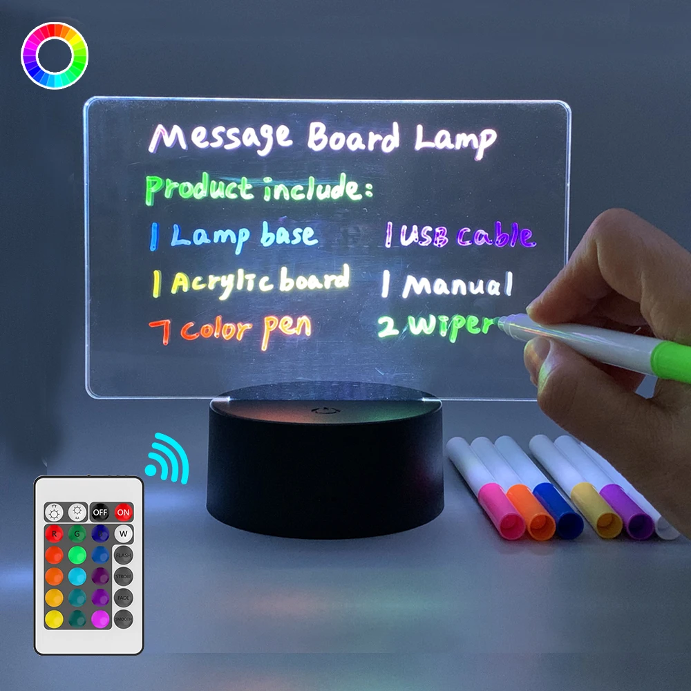 Message Board Lamp With 7 Colors Erasable Markers Rewritable Light Board For Desk Kids Bedroom