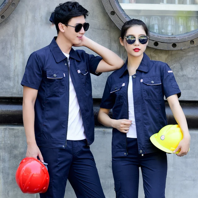 2024 polyester cotton blue navy Men and women worker breathable wholesale Summer short sleeve suit men factory labor clothing