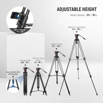 NEEWER 74" Video Tripod with Adjustable Damping Fluid Head, Metal Heavy Duty Dual-Mode QR Plate Compatible with DJI RS Gimbals detail image